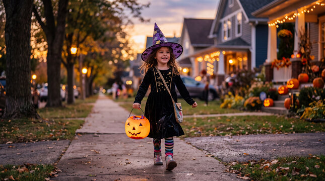 Happy Little Girl in Witch Costume Trick-or-Treating with Jack-O-Lantern Candy Bucket on Halloween Evening in Suburban Neighborhood
