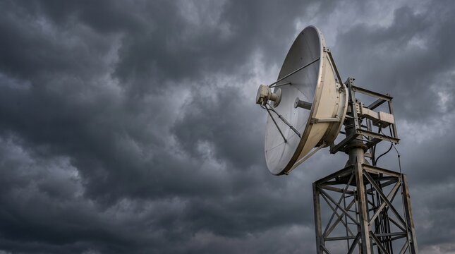 Satellite dish antenna against a dark stormy sky, communication technology and weather