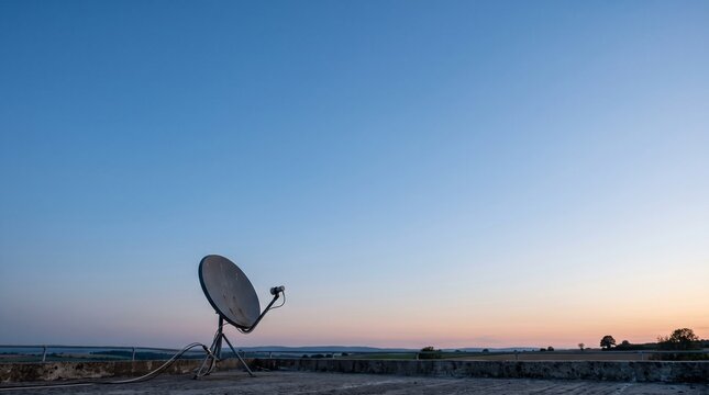 Satellite dish on rooftop under clear blue sky at dusk, telecommunication and technology