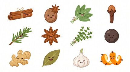 Fototapeta premium Cute kawaii cartoon herbs and spices set including cinnamon, nutmeg, sage, clove, rosemary, star anise, thyme, black pepper, ginger, bay leaf, garlic, and orange peel with cloves