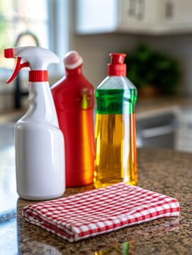 Cleaning products and microfiber cloths on a kitchen sink drainer