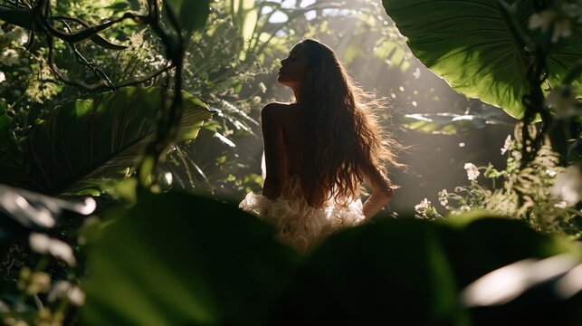 couture woman in a vast surreal botanical garden fashion editorial