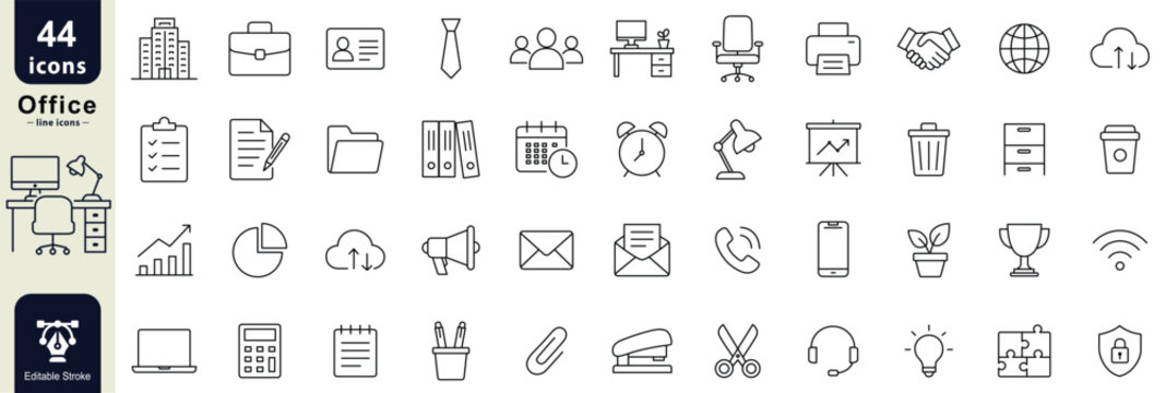 Office Work place web line icons set. documents, communication, finance, equipment, and productivity symbols editable stroke