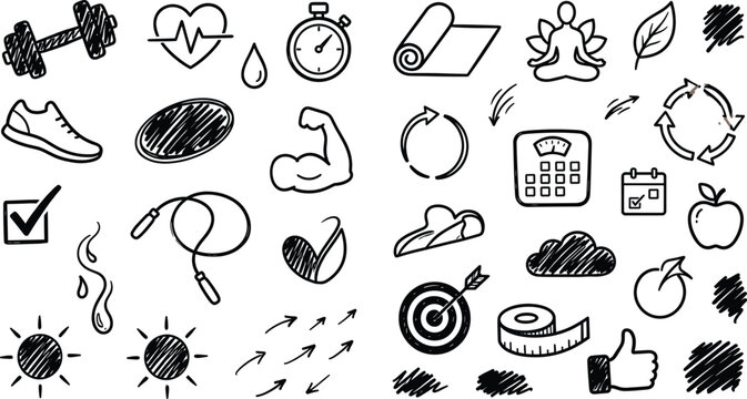Hand Drawn Fitness Icon Set Doodle Health Wellness Symbols