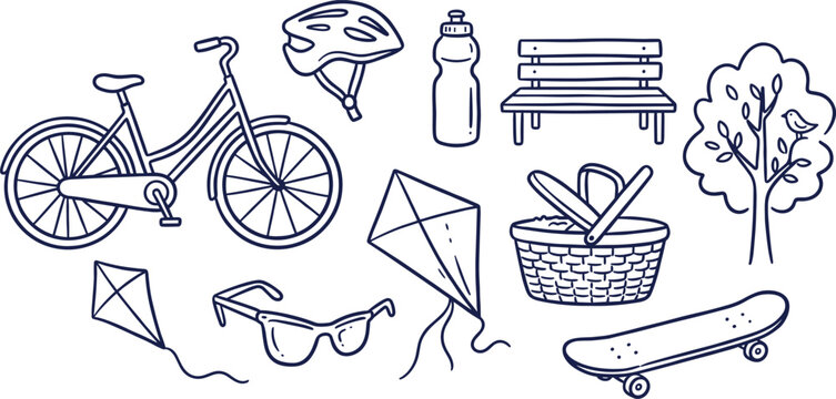 Hand Drawn Park Activities Icon Set with Bicycle Kite and Bench