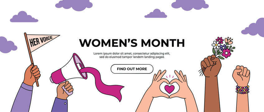Womens Month Banner with Raised Hands Megaphone and Heart Gesture