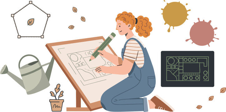 Woman Landscape Designer Drawing Garden Plan on Drafting Table