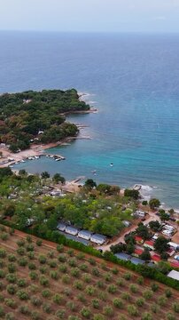 FKK Camping Ulika Near Poreč With Campervans Aerial Drone View During A Sunny Summer Day On The Beautiful Adriatic Coast In Istria Croatia