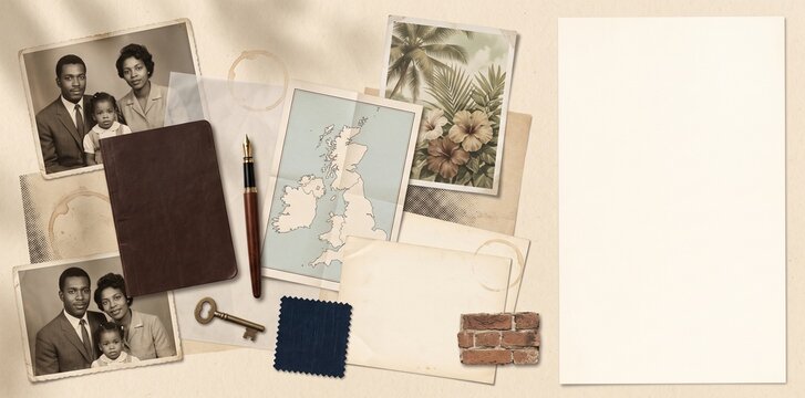 Vintage Black British family photographs with British Isles map, old key and passport booklet for Black History Month UK, archival heritage collage with copy space
