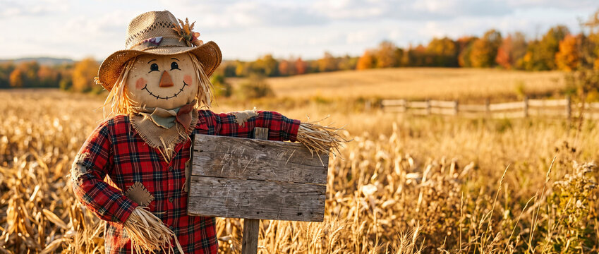 Scarecrow with blank wooden sign in autumn field. Traditional fall harvest decoration in countryside. Thanksgiving and Halloween holiday concept. Rural landscape at golden hour.