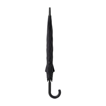 Closed black umbrella with a curved handle, designed for protection against rain and bad weather, standing upright and isolated on a transparent background for easy use.