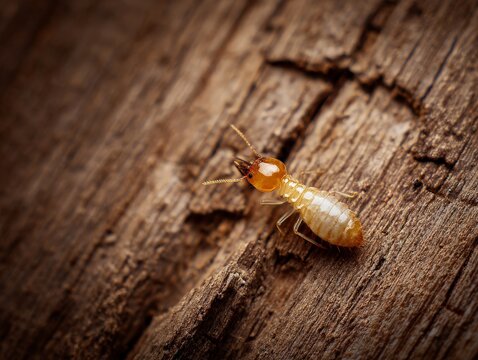 Macro shot of a single termite crawling on a weathered wooden surface, highlighting wood damage, pest control concepts, and structural infestation risks.