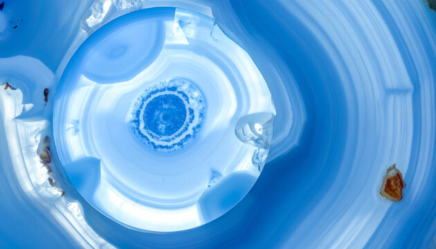 Backlit blue agate crystal slice abstract geological texture backgroun. Luxury mineral, geology, and abstract texture concept banner.