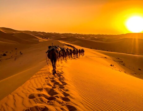 A caravan of dromedary camels walking along sand dunes in a vast desert during a golden sunset. Ideal for adventure travel and tourism concepts.