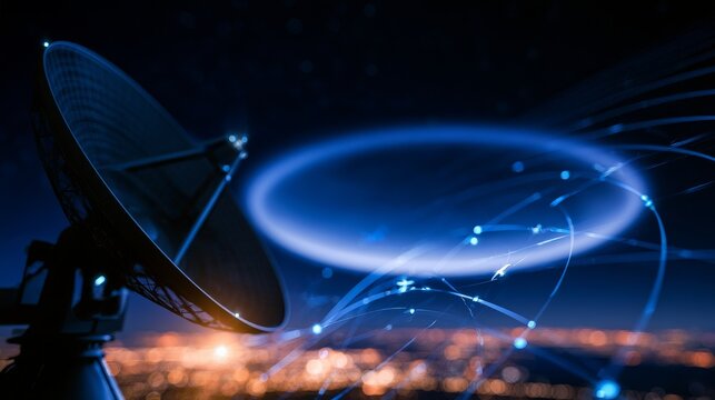 Satellite dish transmitting data streams creating a global network of connected points