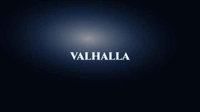 Valhalla cinematic title sequence with motion and soft light glow on dark animation 4k background, motion typography