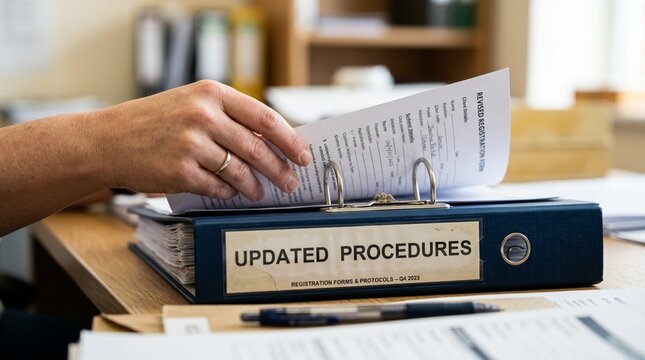 Placing a revised registration form into a binder labeled updated procedures, Close-Up Shot