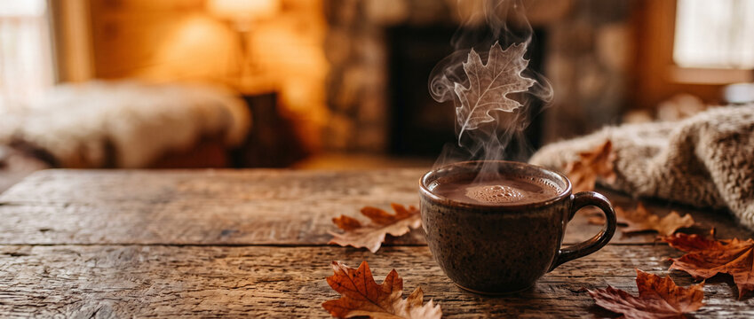 Steaming cup of hot coffee with steam shaped as oak leaf on wooden table with autumn leaves. Cozy fall atmosphere with fireplace and knitted blanket. Autumn and hygge concept.