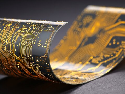 Flexible printed circuit board (FPC) with glowing orange electronic traces and microchips on dark background, representing advanced wearable technology and bendable electronics.