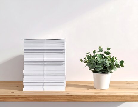 A massive towering stack of white office paper next to a potted plant on a wooden shelf. Perfect for representing bureaucracy, administrative workload, and corporate stress.