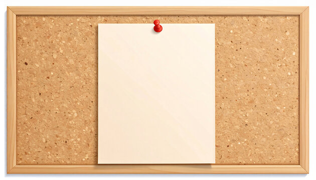 Blank paper sheet pinned on wooden framed cork bulletin board for announcements, copy space.