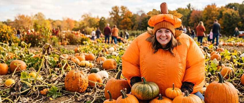 Happy woman in pumpkin costume sitting in pumpkin patch at autumn farm. Smiling girl in funny Halloween outfit among pumpkins. Fall harvest festival and autumn vibes concept.