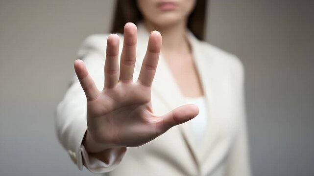 Professional business woman wearing a blazer showing a hand gesture meaning stop or rejection while standing in front of a neutral gray background in an office setting today