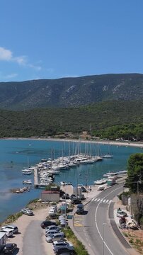 Osor City Panorama On Cres Island, Croatia,  Beautiful Summer Day. Aerial Views Show The Historic Old Town, Sunny Beaches, Sailing Yachts, Marina Harbor, Nearby Campsites Mediterranean Adriatic Coast