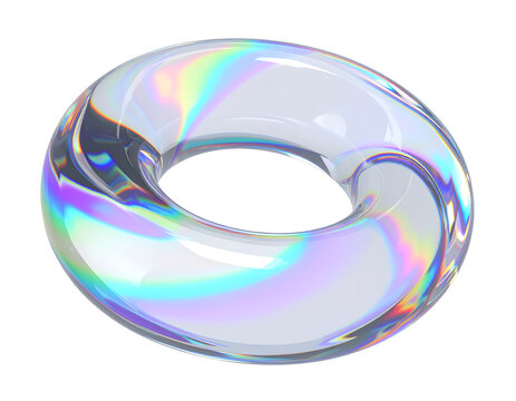 Glass torus shape with iridescent rainbow light reflection and holographic surface texture&nbsp;