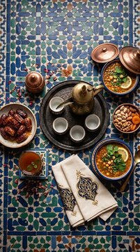 Iftar Table Flat Lay Overhead Arabic Traditional Ramadan Food Dallah