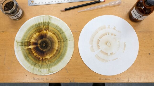 Comparison of healthy and degraded soil samples showing fungal growth patterns on paper