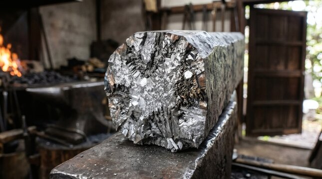 Raw metal ingot with crystalline texture resting on an anvil in a blacksmith shop