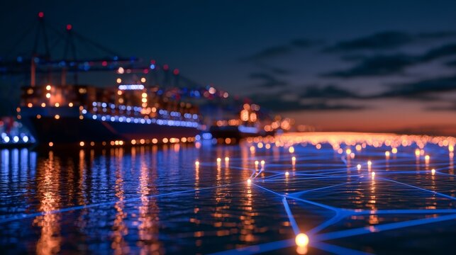 Global trade network connecting cargo ships at port
