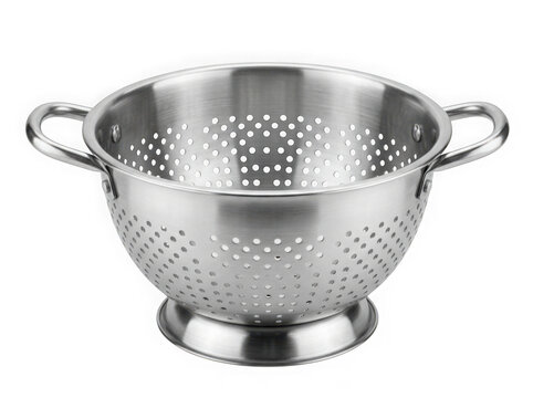 stainless steel metal colander pasta strainer isolated on transparent background