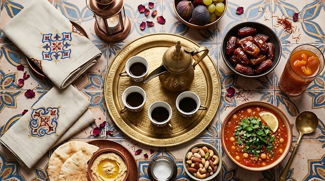 Iftar Table Flat Lay Overhead Arabic Traditional Ramadan Food Dallah