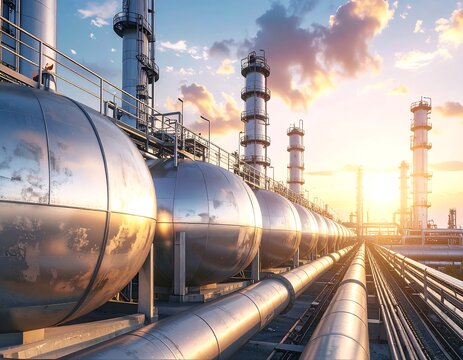 Complex industrial metal pipes, spherical storage tanks, and distillation towers at a refinery during sunset. Ideal for energy production and petrochemical engineering concepts.