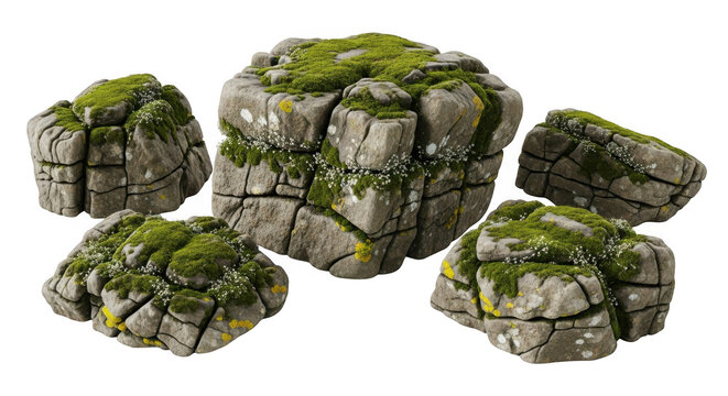 Group of mossy rocks isolated on transparent background