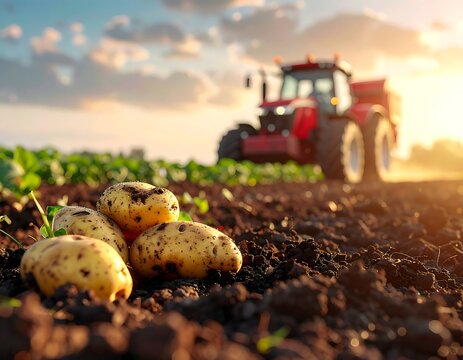 Freshly harvested organic potatoes resting on rich soil with a tractor in a field at sunset. Ideal for agriculture and local produce concepts.