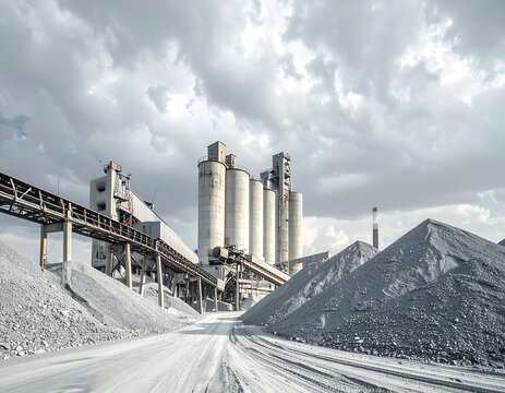 Massive heavy industry cement factory complex with towering silos and raw material piles under a cloudy sky. Ideal for manufacturing, construction, and global supply chain concepts.