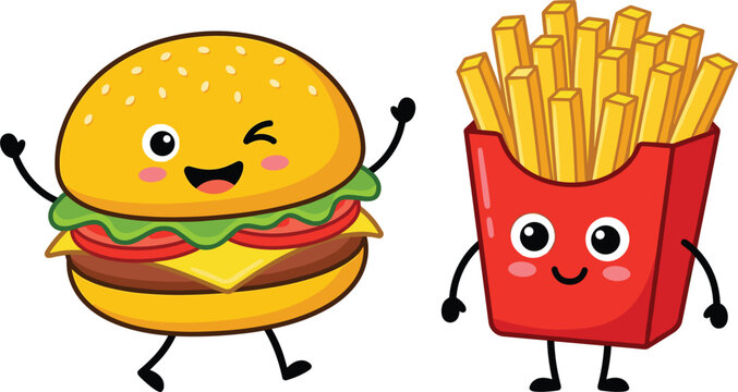 Cute Fast Food Cartoon Characters with Smiling Hamburger and French Fries for Restaurant Branding, Packaging and Food Illustration