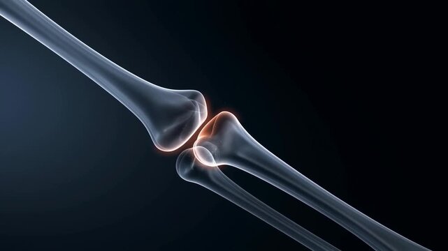 Transparent knee joint anatomy showing femur, tibia, and fibula against dark background