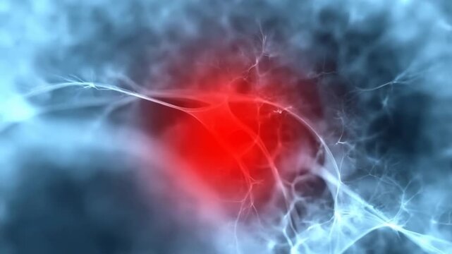 Glowing Red Neuron Network with Central Brain Signal in Blue Surroundings