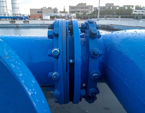 Large blue industrial water pipes connected with heavy-duty flanges and bolts at a treatment facility. Ideal for civil engineering and municipal infrastructure projects.