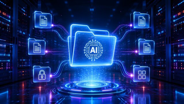 Holographic AI brain folder connecting and organizing digital files with machine learning in a secure server data center