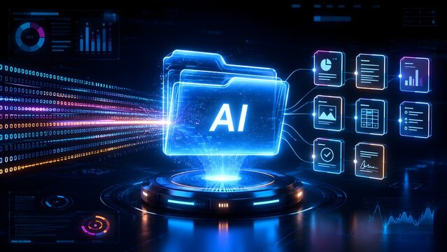 Artificial intelligence file folder processing binary code streams and organizing digital documents like charts and spreadsheets in a futuristic cyber interface