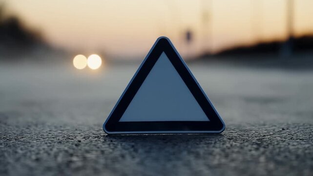 Warning triangle standing on wet road at dusk with blurred headlights in background