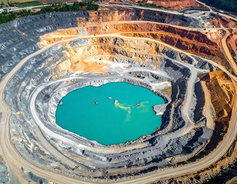 Aerial view of a massive open pit mining site with terraced slopes and a vibrant turquoise water reservoir at the bottom. Ideal for environmental and industrial concepts.