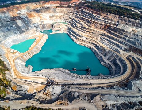 Aerial view of a massive open-pit mining site with terraced slopes and vibrant turquoise water. Ideal for industrial, geological, and environmental concept presentations.