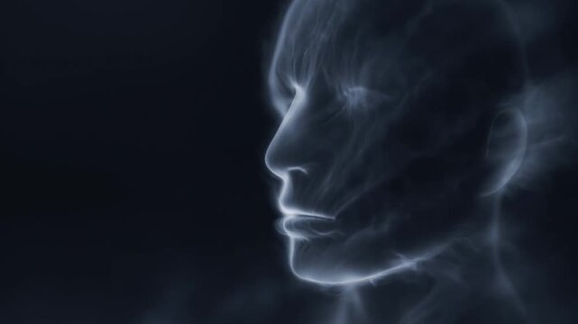 Translucent human head profile surrounded by mist against dark background