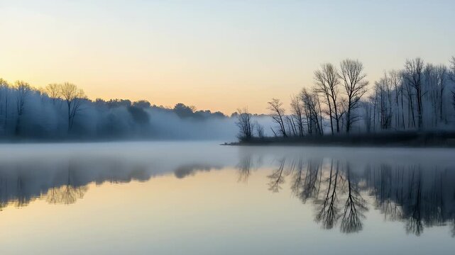 Scenic morning view of a misty lake surrounded by leafless trees reflecting in the calm water during a peaceful sunrise in the beautiful wilderness of the quiet countryside